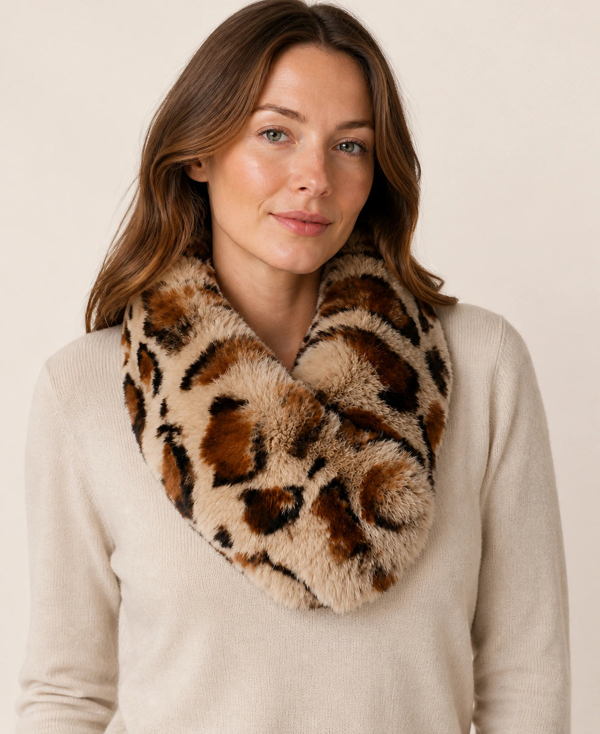 Women's Genuine Rex Rabbit Fur Leopard-Print Magnetic Scarf – Style: Magnetic Loop Scarf | Pattern: Leopard Print on-model lifestyle image