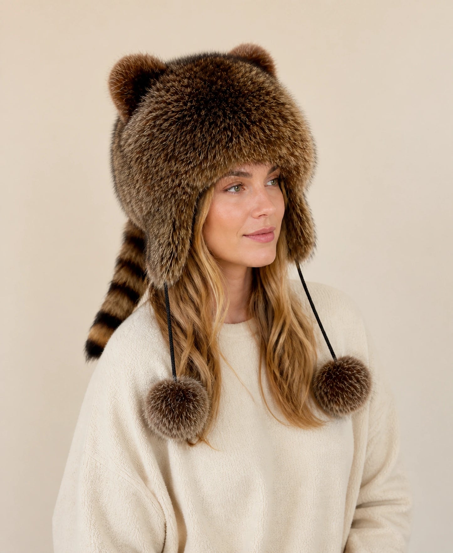 Unisex Genuine Raccoon Fur Earflap Hat with Tail – Style: Cat Ear on-model lifestyle image