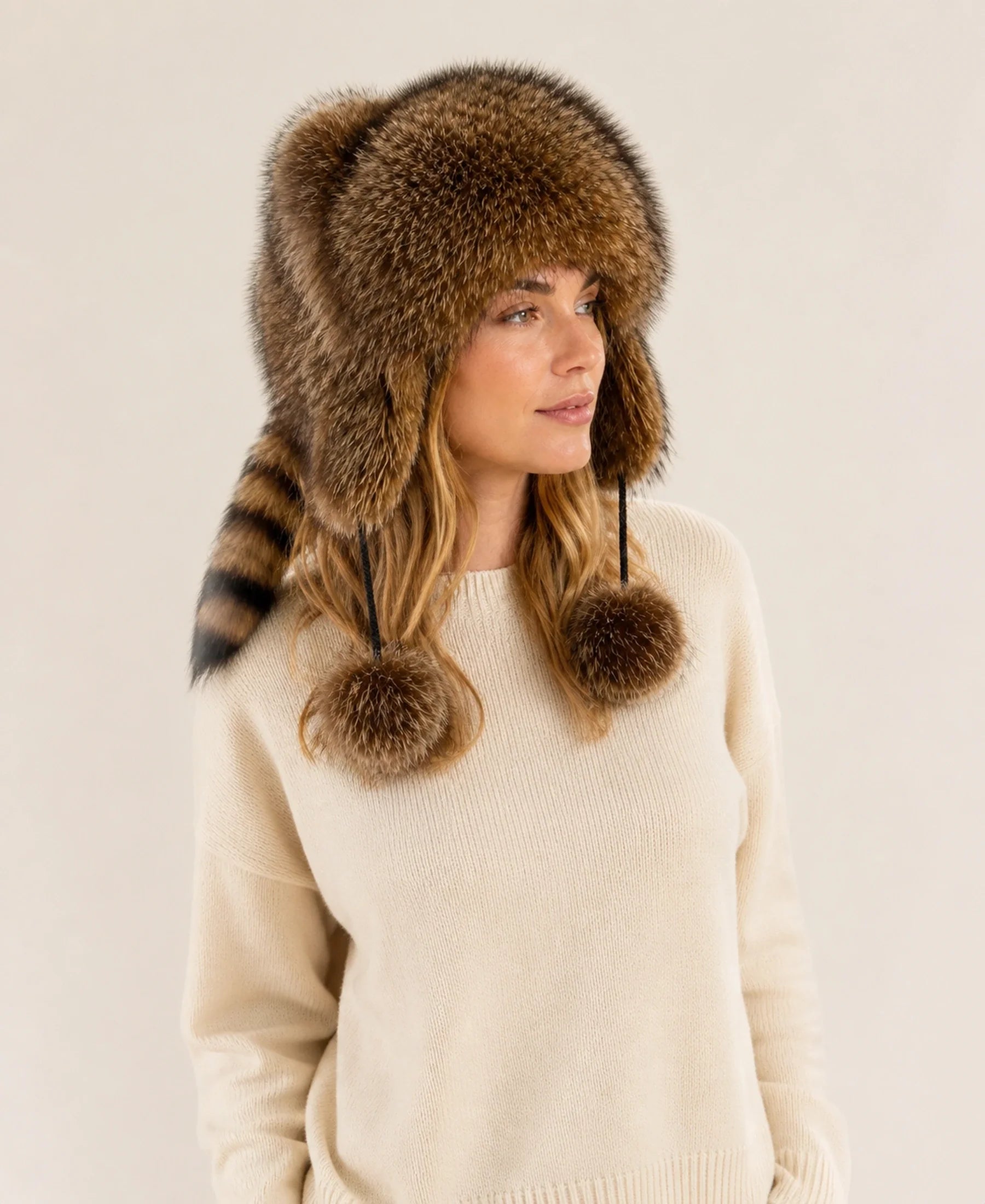 Unisex Genuine Raccoon Fur Earflap Hat with Tail – Style: Raccoon Tail on-model lifestyle image