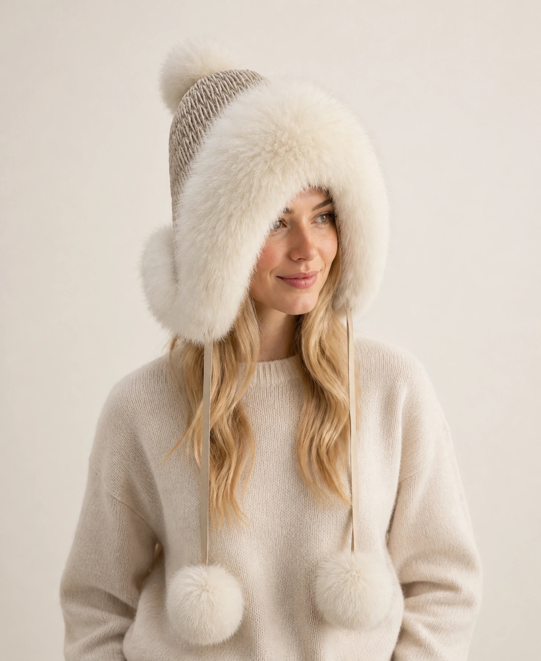 Genuine Fox Fur Earflap Trapper Hat with Knit Crown – Color: Beige on-model lifestyle image