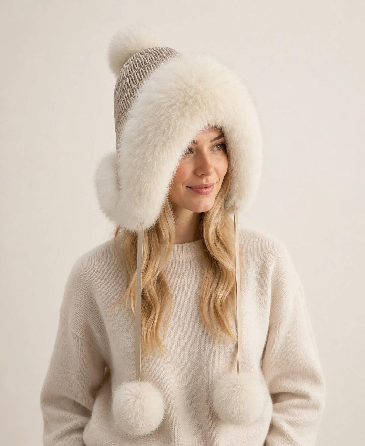 Genuine Fox Fur Earflap Trapper Hat with Knit Crown – Color: Beige on-model lifestyle image
