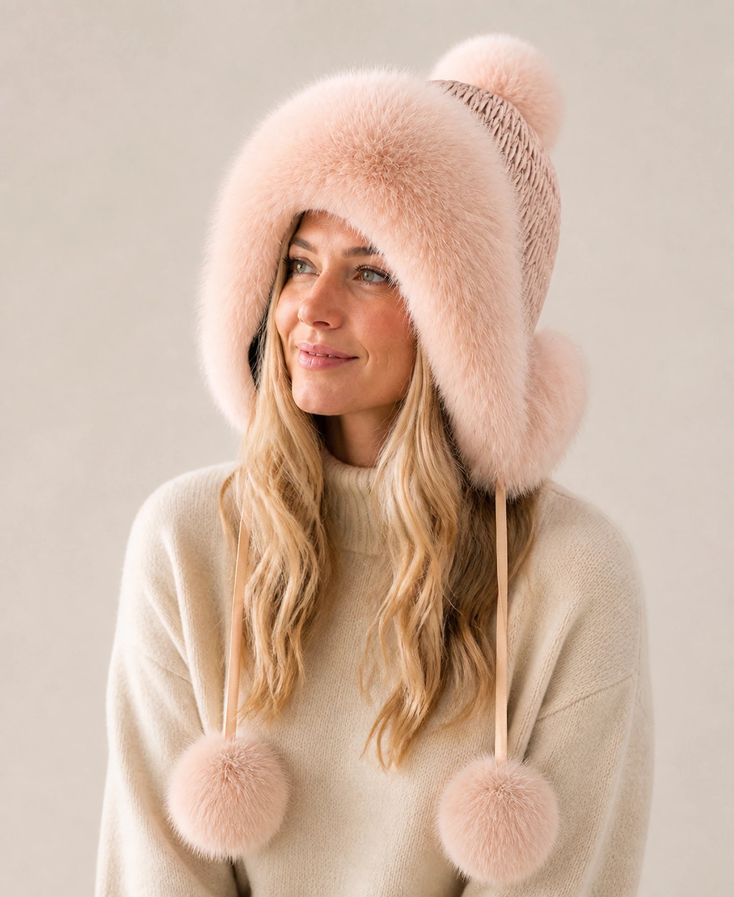 Genuine Fox Fur Earflap Trapper Hat with Knit Crown – Color: Blush Pink on-model lifestyle image