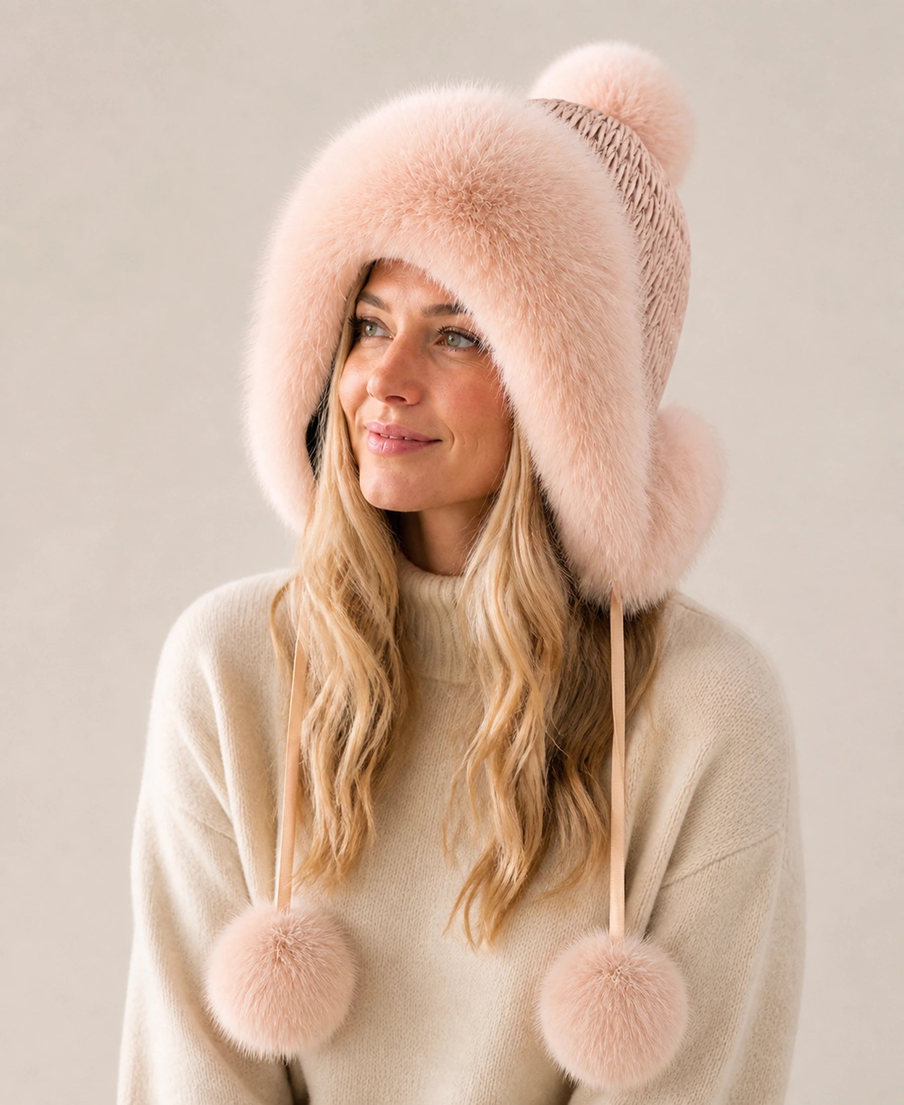 Genuine Fox Fur Earflap Trapper Hat with Knit Crown – Color: Blush Pink on-model lifestyle image