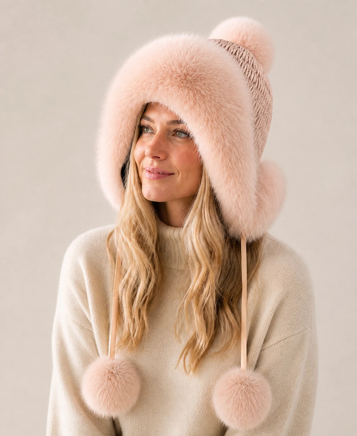 Genuine Fox Fur Earflap Trapper Hat with Knit Crown – Color: Blush Pink on-model lifestyle image