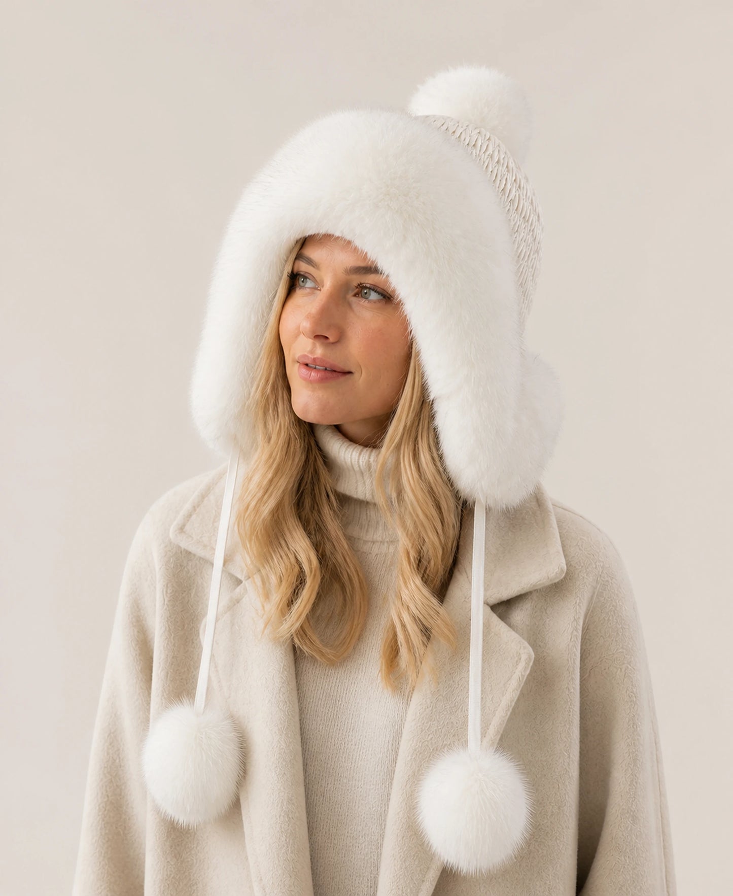 Genuine Fox Fur Earflap Trapper Hat with Knit Crown – Color: Ivory White on-model lifestyle image