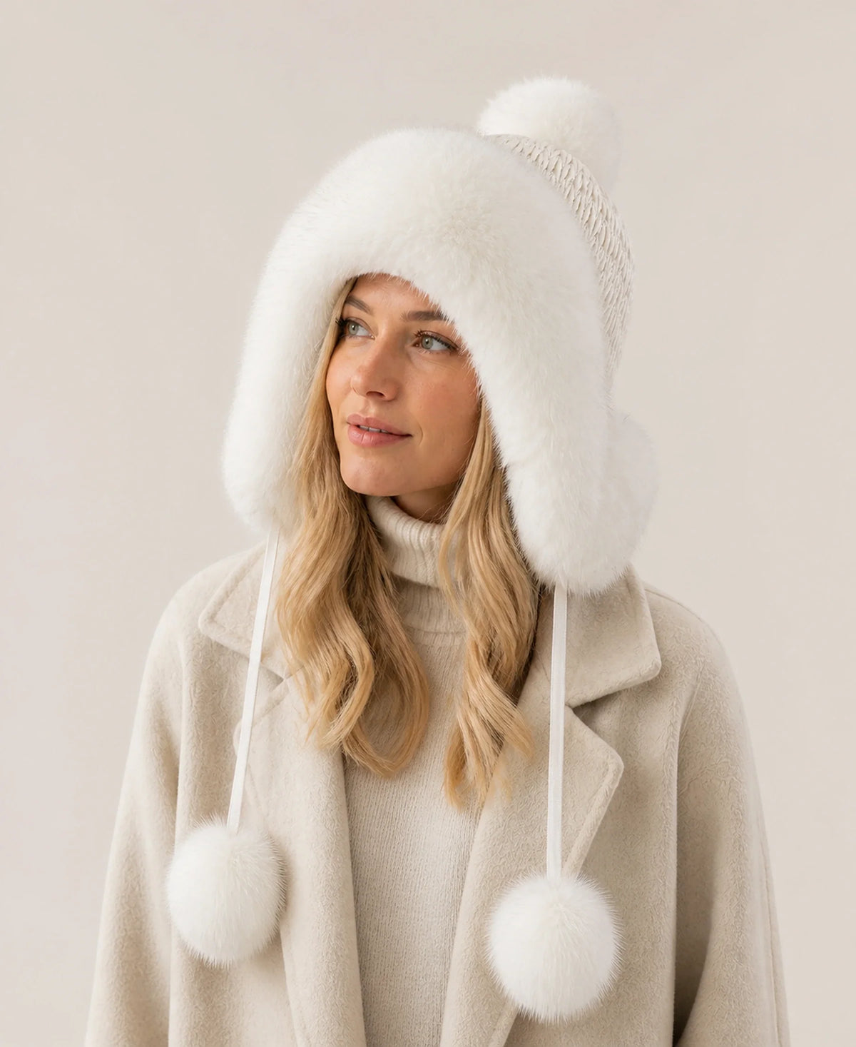 Genuine Fox Fur Earflap Trapper Hat with Knit Crown – Color: Ivory White on-model lifestyle image