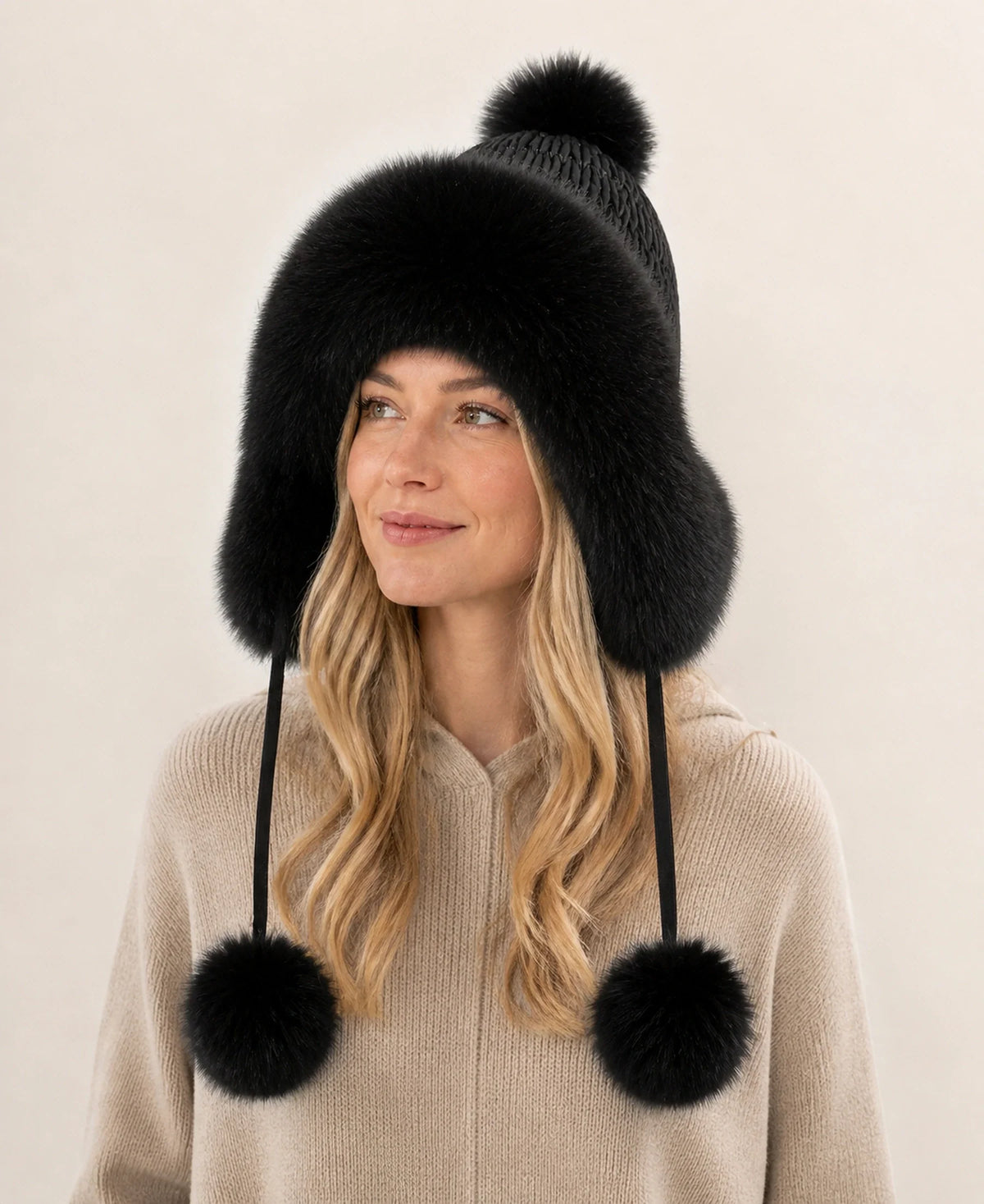 Genuine Fox Fur Earflap Trapper Hat with Knit Crown – Color: Midnight Black on-model lifestyle image