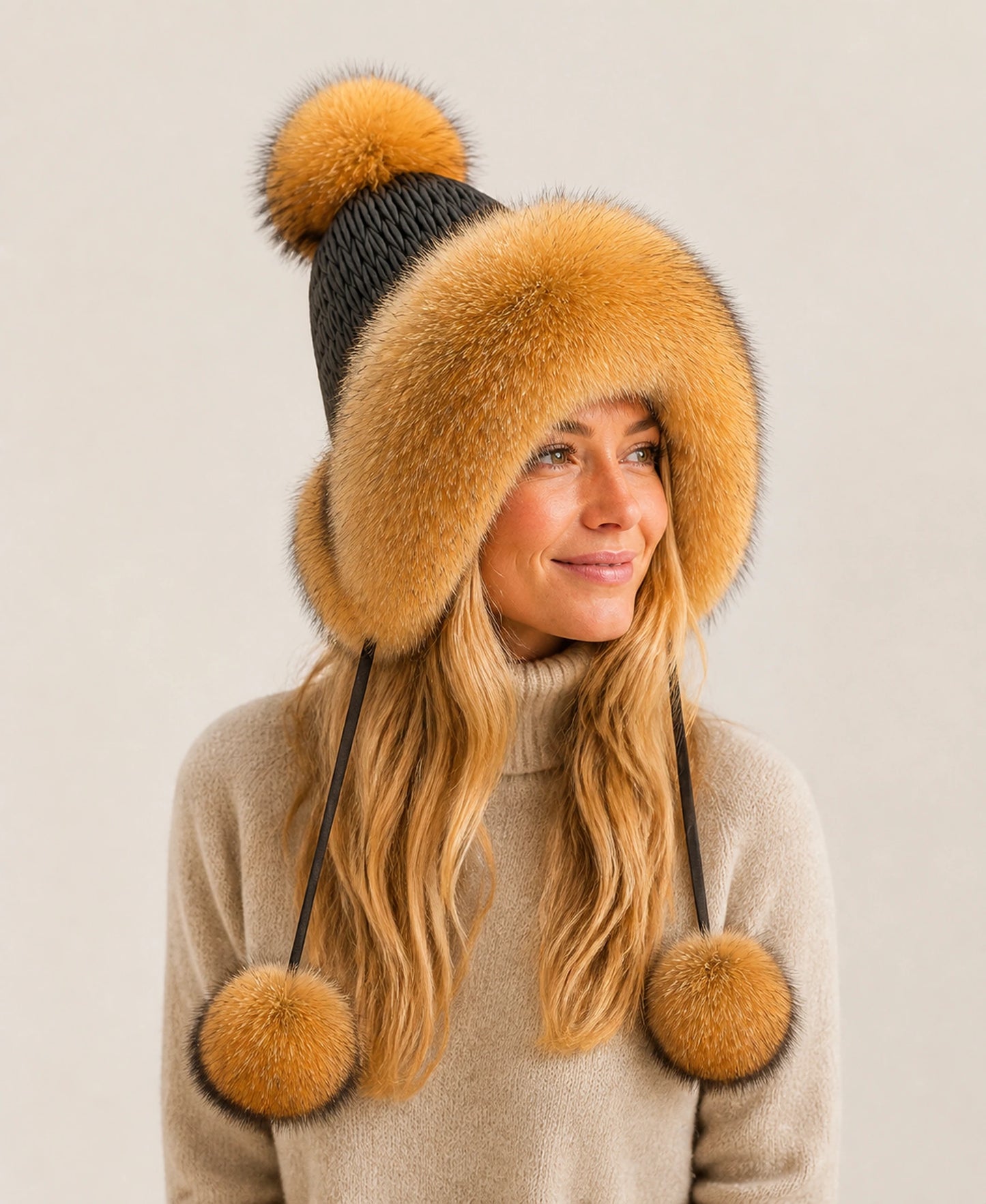Genuine Fox Fur Earflap Trapper Hat with Knit Crown – Color: Natural Fox Brown on-model lifestyle image