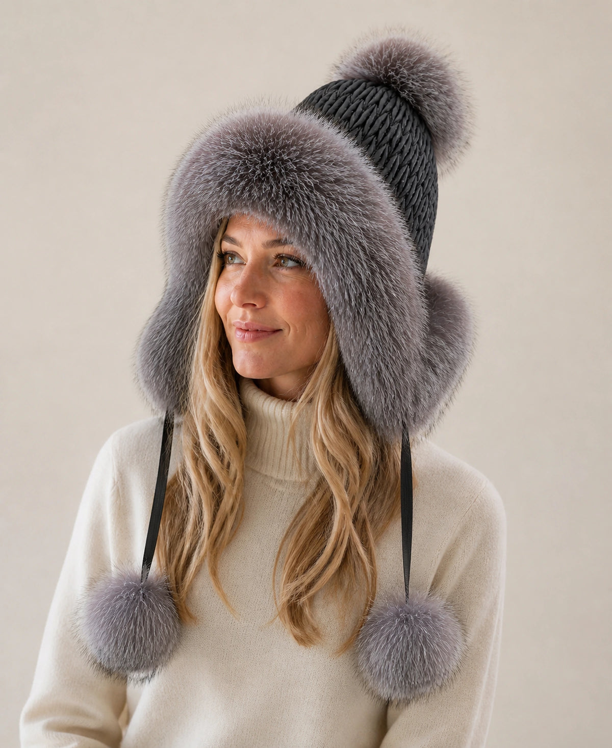 Genuine Fox Fur Earflap Trapper Hat with Knit Crown – Color: Silver Fox Gray on-model lifestyle image