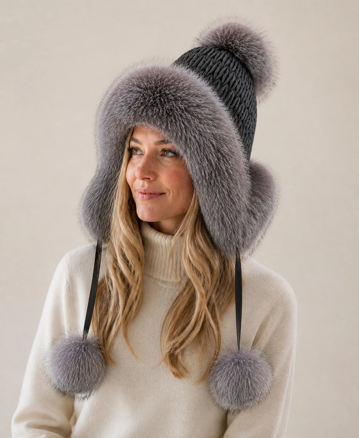 Genuine Fox Fur Earflap Trapper Hat with Knit Crown – Color: Silver Fox Gray on-model lifestyle image