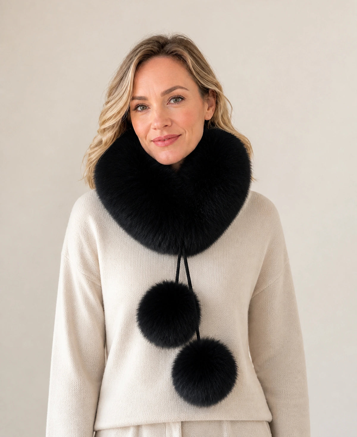 Genuine Fox Fur Loop Scarf with Rabbit Fur Lining & Pom-Poms – Color: Black on-model lifestyle image