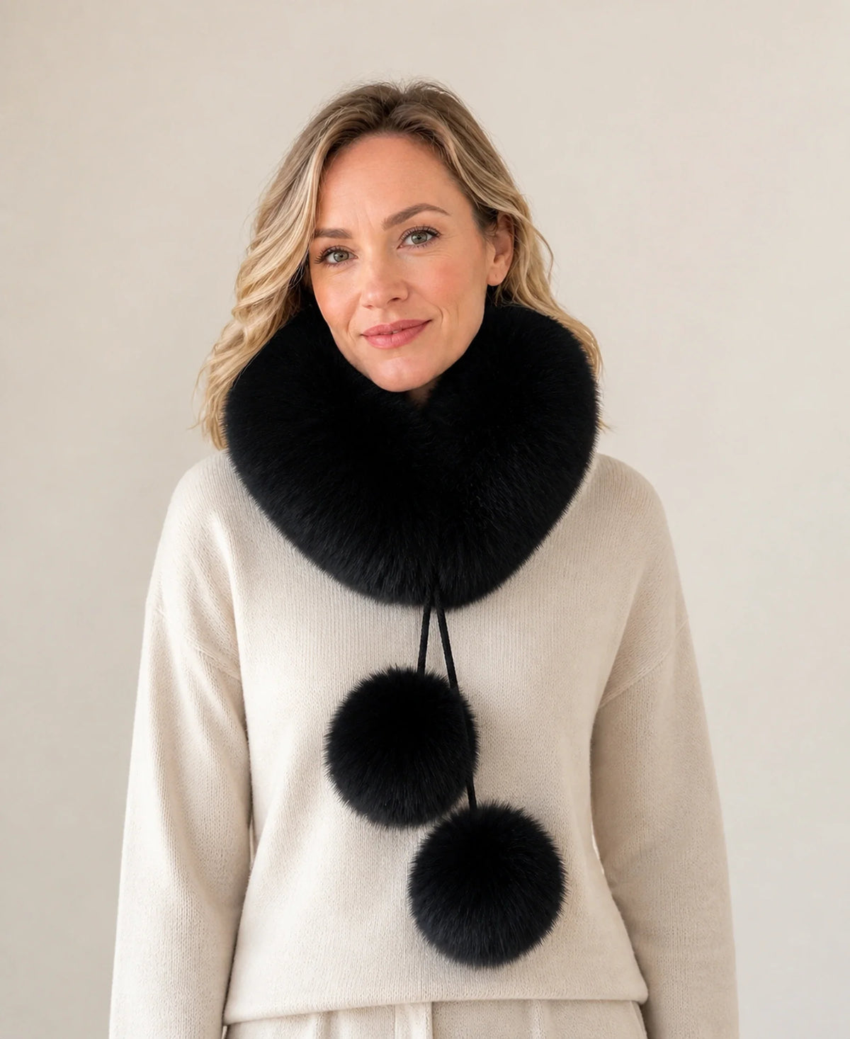 Genuine Fox Fur Loop Scarf with Rabbit Fur Lining & Pom-Poms – Color: Black on-model lifestyle image