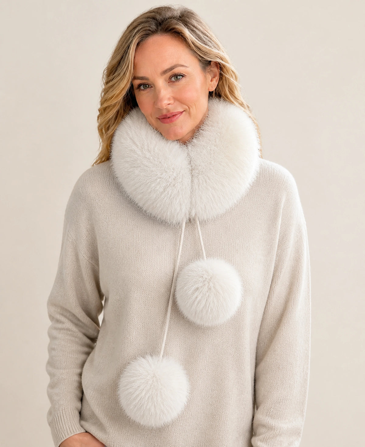 Genuine Fox Fur Loop Scarf with Rabbit Fur Lining & Pom-Poms – Color: Blue Fox Gray on-model lifestyle image