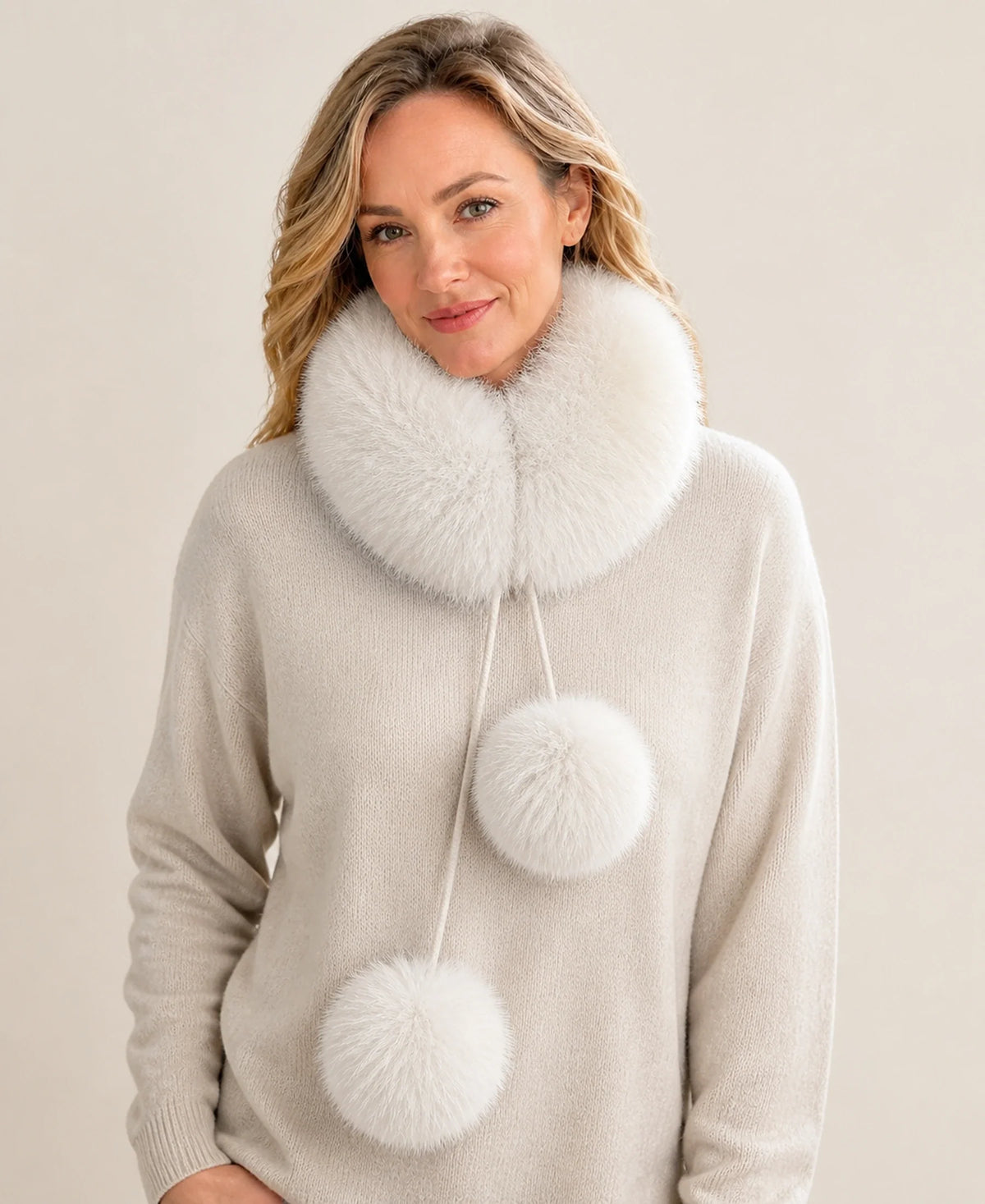 Genuine Fox Fur Loop Scarf with Rabbit Fur Lining & Pom-Poms – Color: Blue Fox Gray on-model lifestyle image