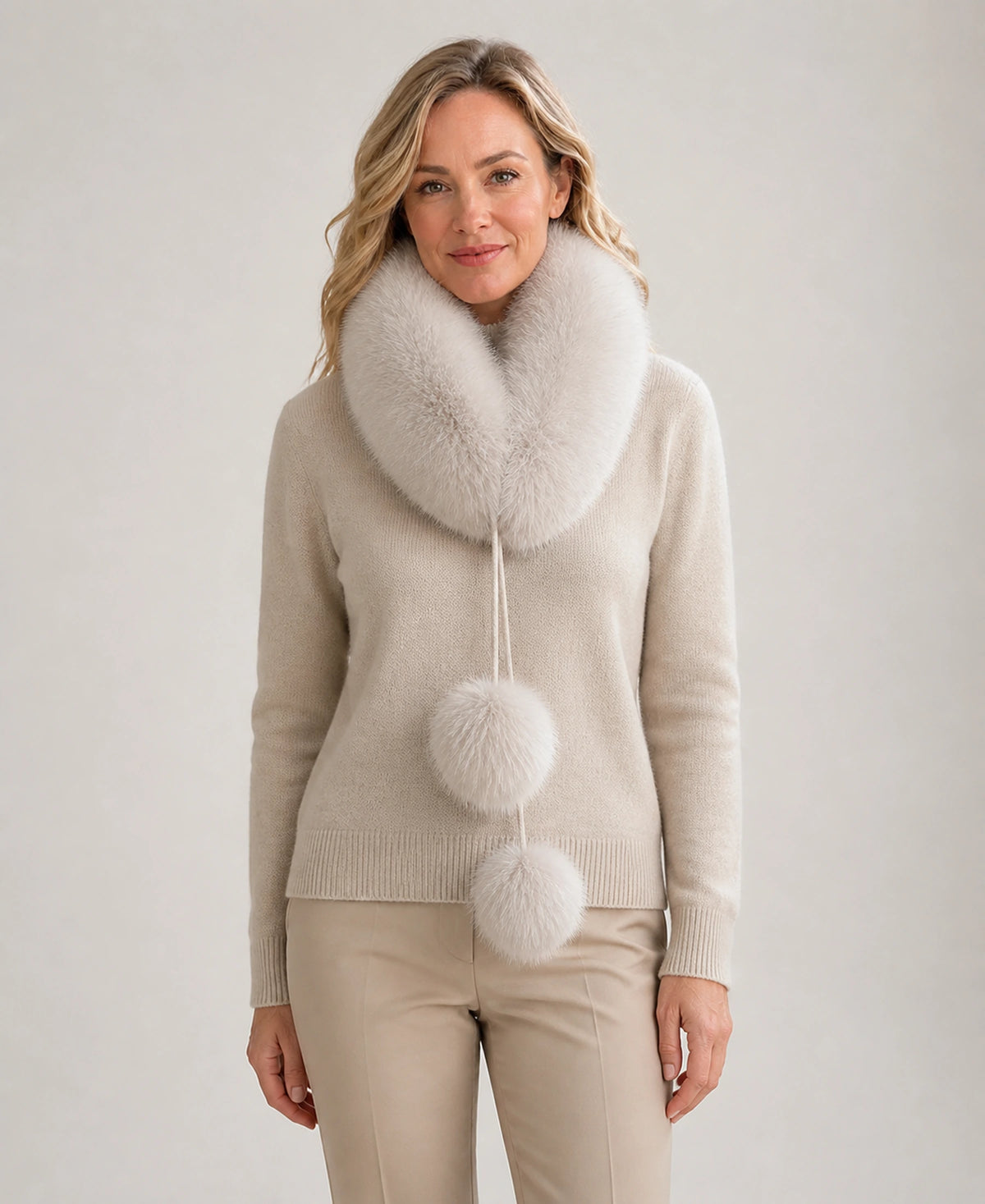 Genuine Fox Fur Loop Scarf with Rabbit Fur Lining & Pom-Poms – Color: Light Gray on-model lifestyle image
