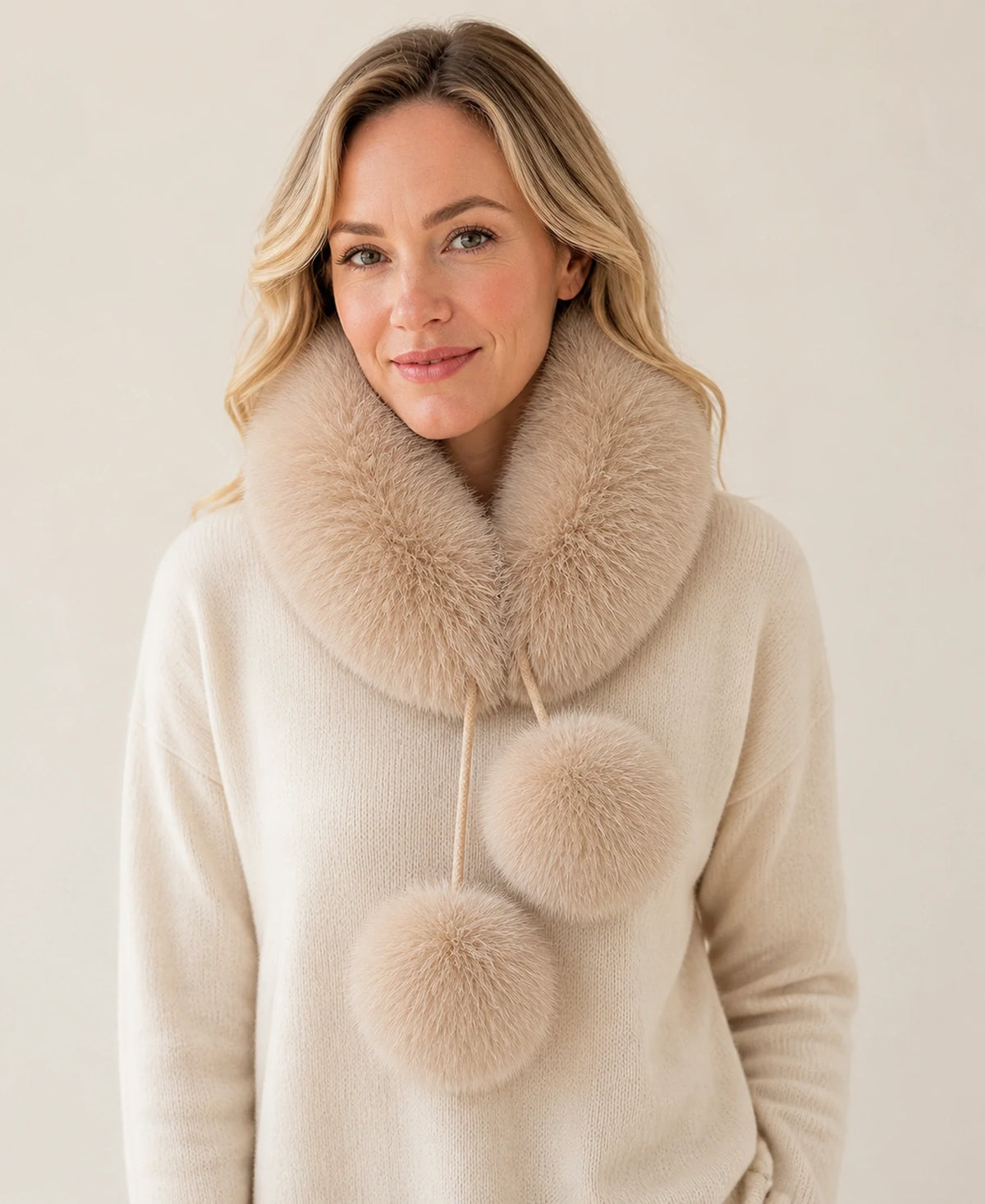 Genuine Fox Fur Loop Scarf with Rabbit Fur Lining & Pom-Poms – Color: Milk Tea Taupe on-model lifestyle image