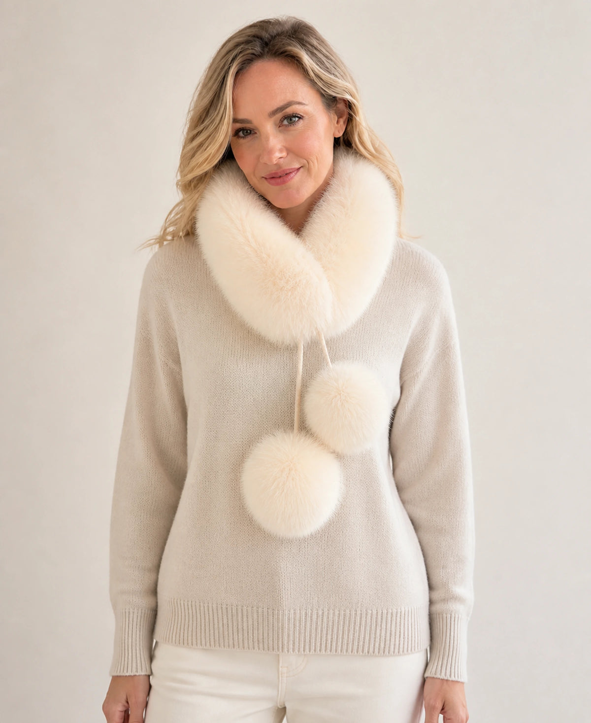 Genuine Fox Fur Loop Scarf with Rabbit Fur Lining & Pom-Poms – Color: Milky Ivory on-model lifestyle image
