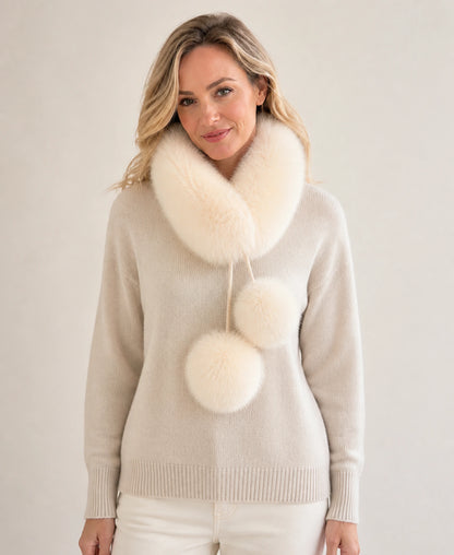 Genuine Fox Fur Loop Scarf with Rabbit Fur Lining & Pom-Poms – Color: Milky Ivory on-model lifestyle image