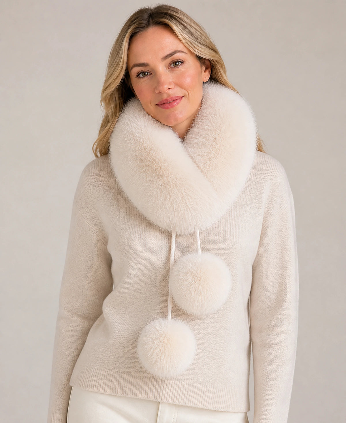 Genuine Fox Fur Loop Scarf with Rabbit Fur Lining & Pom-Poms – Color: Pearl Mist on-model lifestyle image