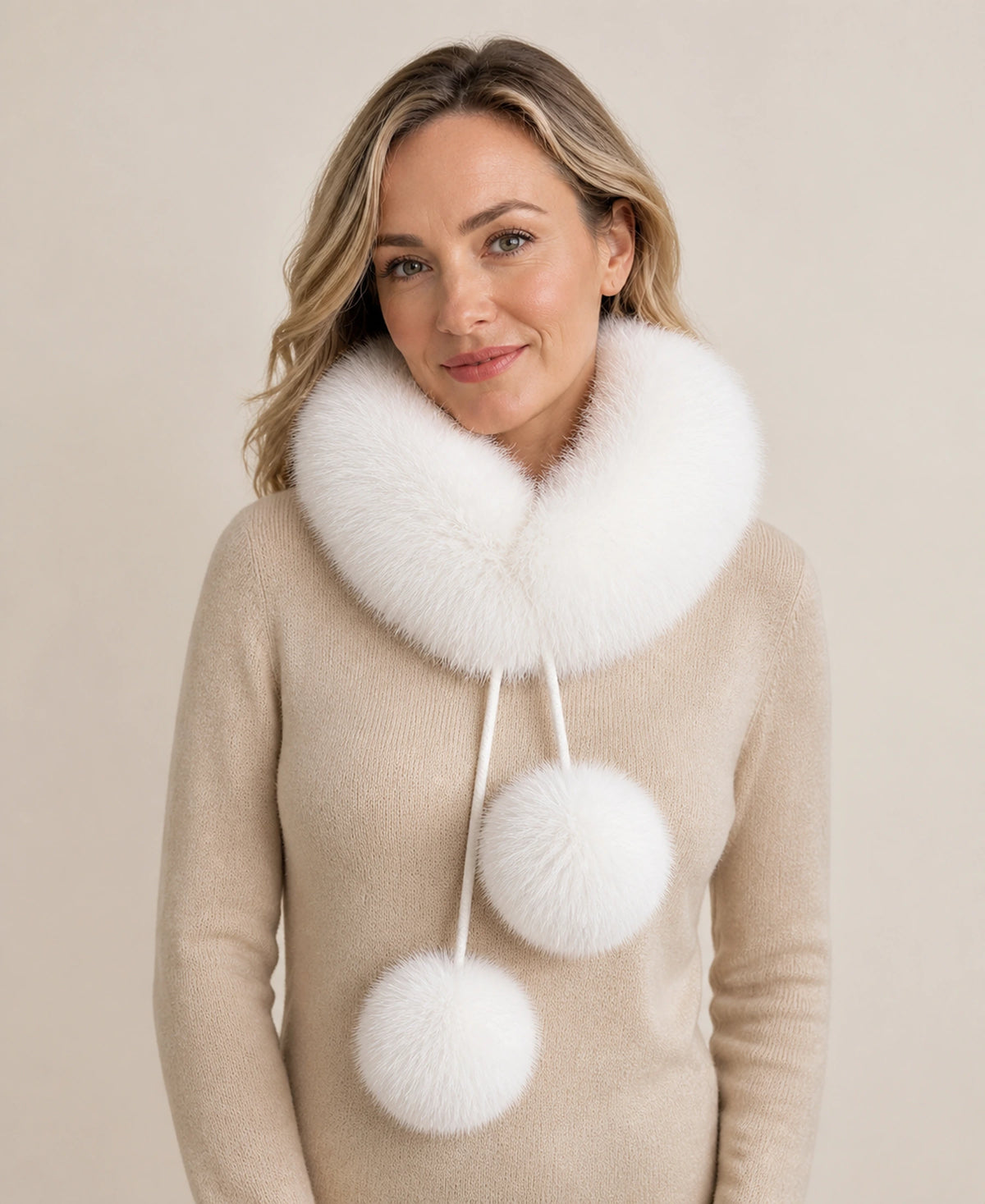 Genuine Fox Fur Loop Scarf with Rabbit Fur Lining & Pom-Poms – Color: Snow White on-model lifestyle image