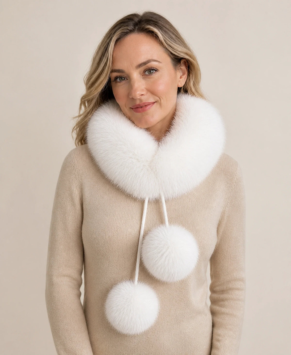 Genuine Fox Fur Loop Scarf with Rabbit Fur Lining & Pom-Poms – Color: Snow White on-model lifestyle image