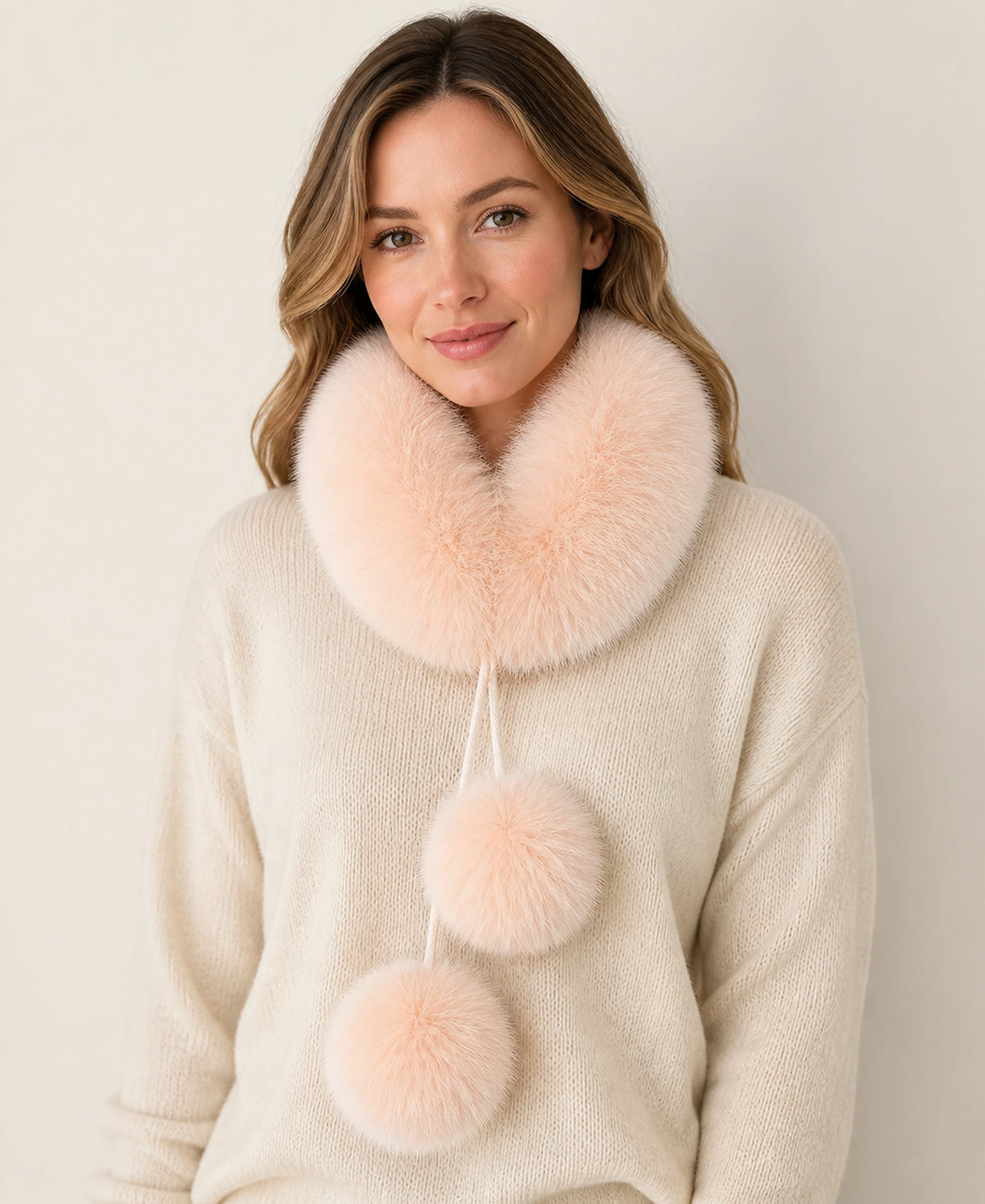 Genuine Fox Fur Loop Scarf with Rabbit Fur Lining & Pom-Poms – Color: Soft Pink on-model lifestyle image