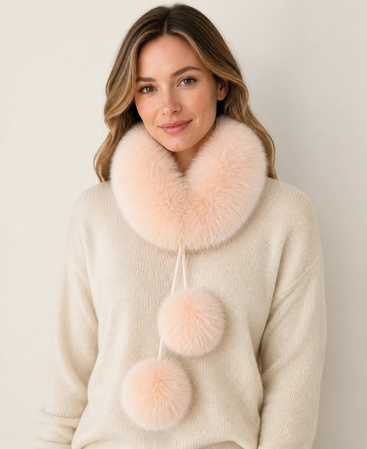 Genuine Fox Fur Loop Scarf with Rabbit Fur Lining & Pom-Poms – Color: Soft Pink on-model lifestyle image