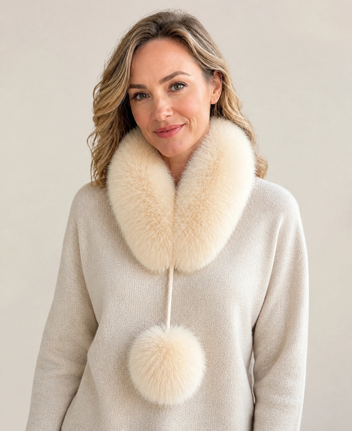 Genuine Fox Fur Loop Scarf with Rabbit Fur Lining & Pom-Poms – Color: Warm Cream on-model lifestyle image