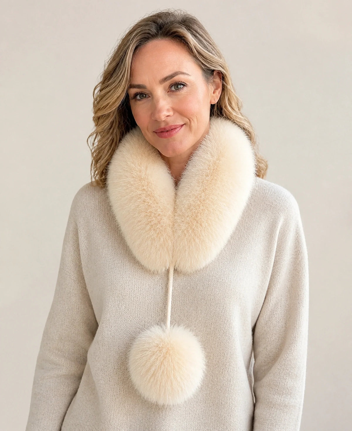 Genuine Fox Fur Loop Scarf with Rabbit Fur Lining & Pom-Poms – Color: Warm Cream on-model lifestyle image