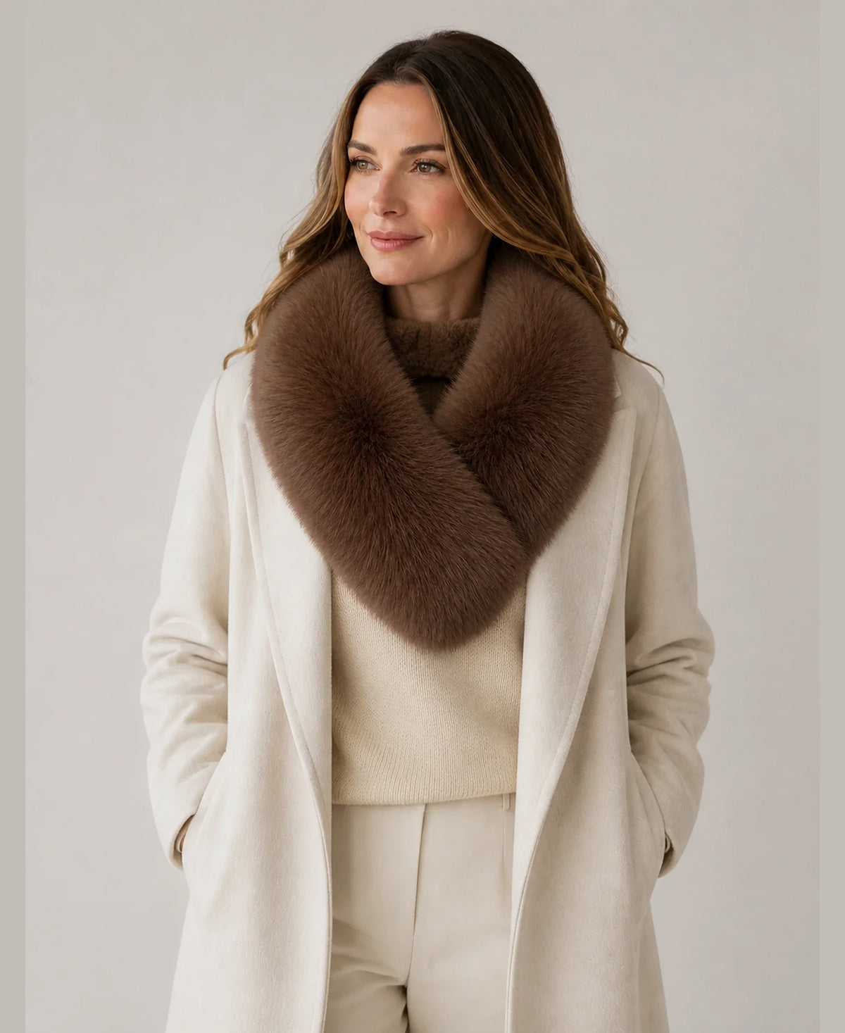 Whole-Pelt Reversible Genuine Fox & Rex Rabbit Fur Collar – Color: Chestnut Brown on-model lifestyle image