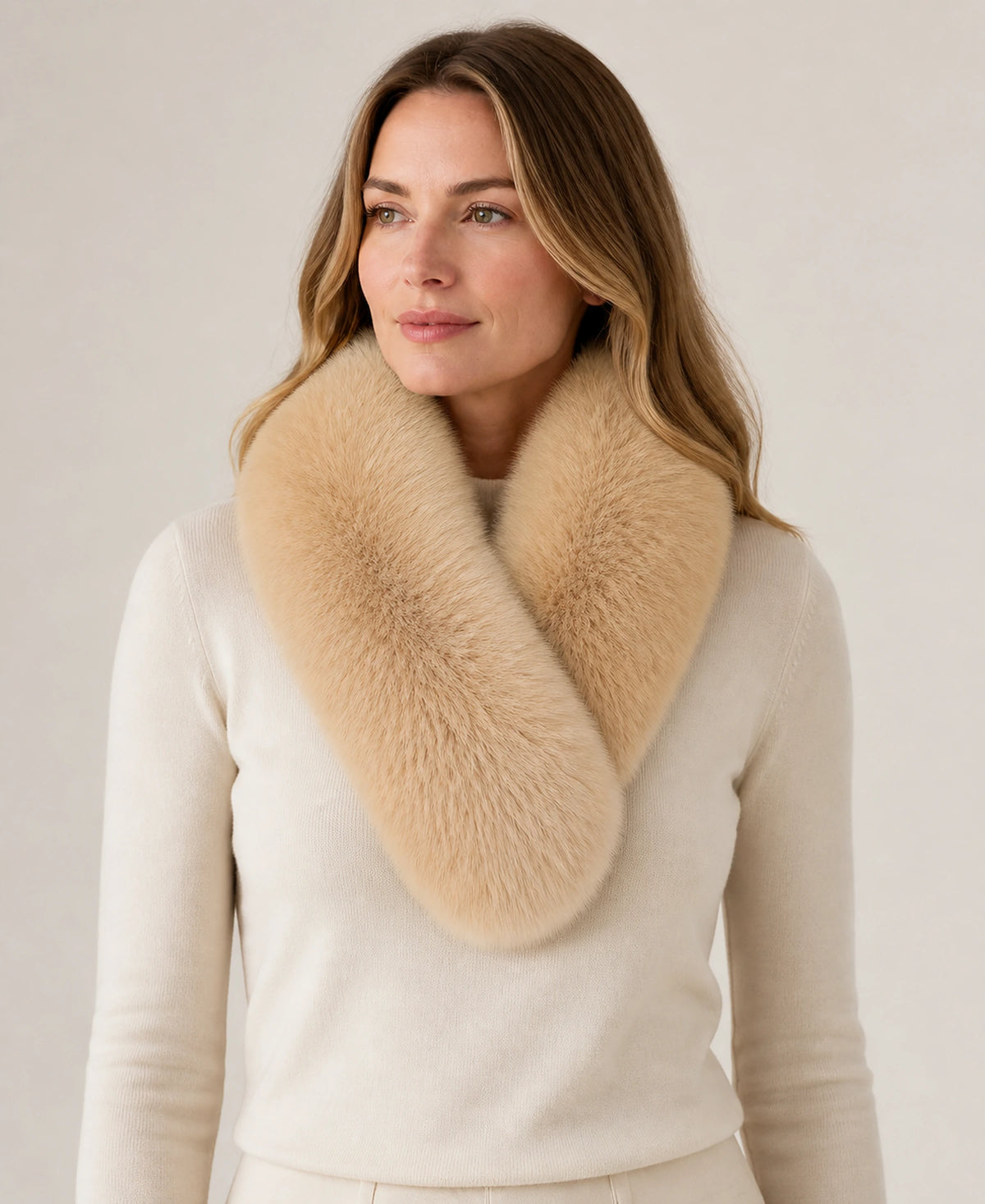 Whole-Pelt Reversible Genuine Fox & Rex Rabbit Fur Collar – Color: Cinnamon Beige on-model lifestyle image