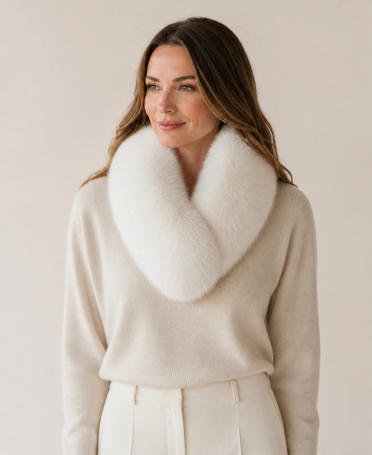 Whole-Pelt Reversible Genuine Fox & Rex Rabbit Fur Collar – Color: Cream White on-model lifestyle image