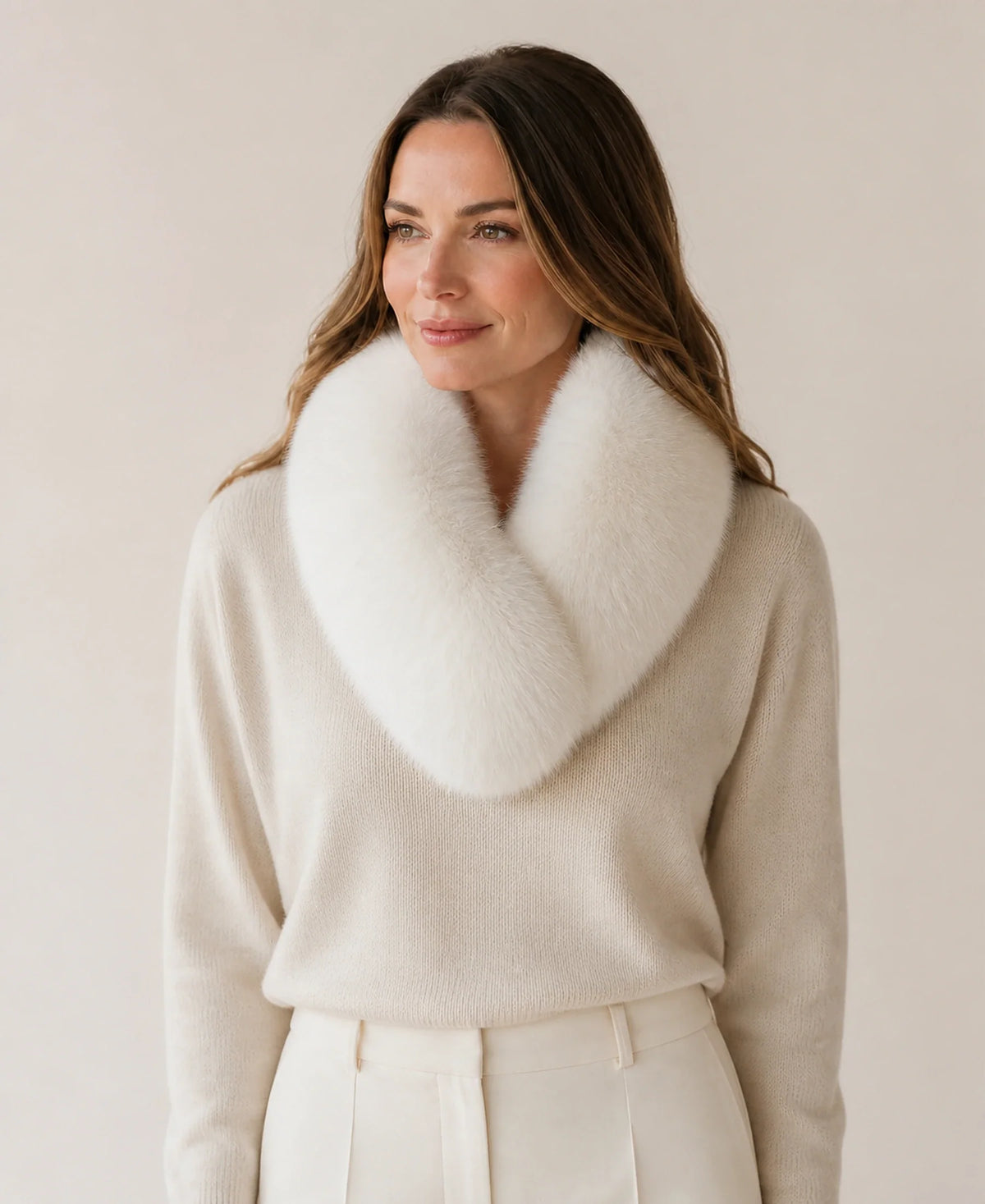 Whole-Pelt Reversible Genuine Fox & Rex Rabbit Fur Collar – Color: Cream White on-model lifestyle image