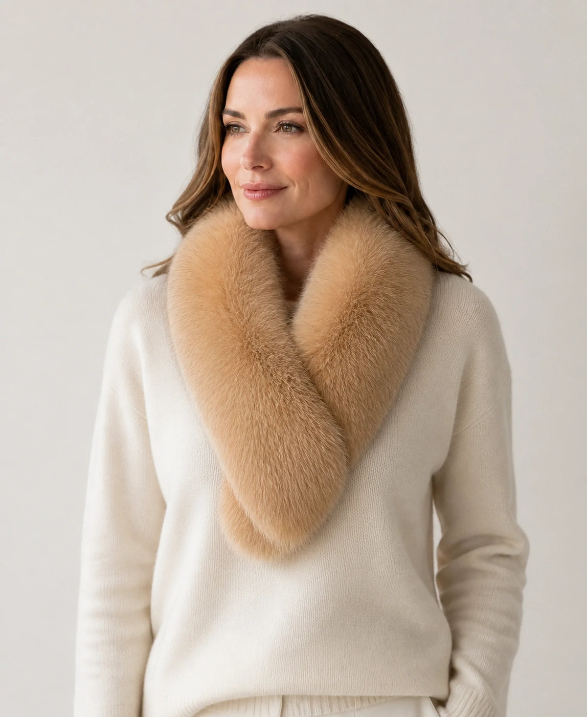 Whole-Pelt Reversible Genuine Fox & Rex Rabbit Fur Collar – Color: Light Camel on-model lifestyle image