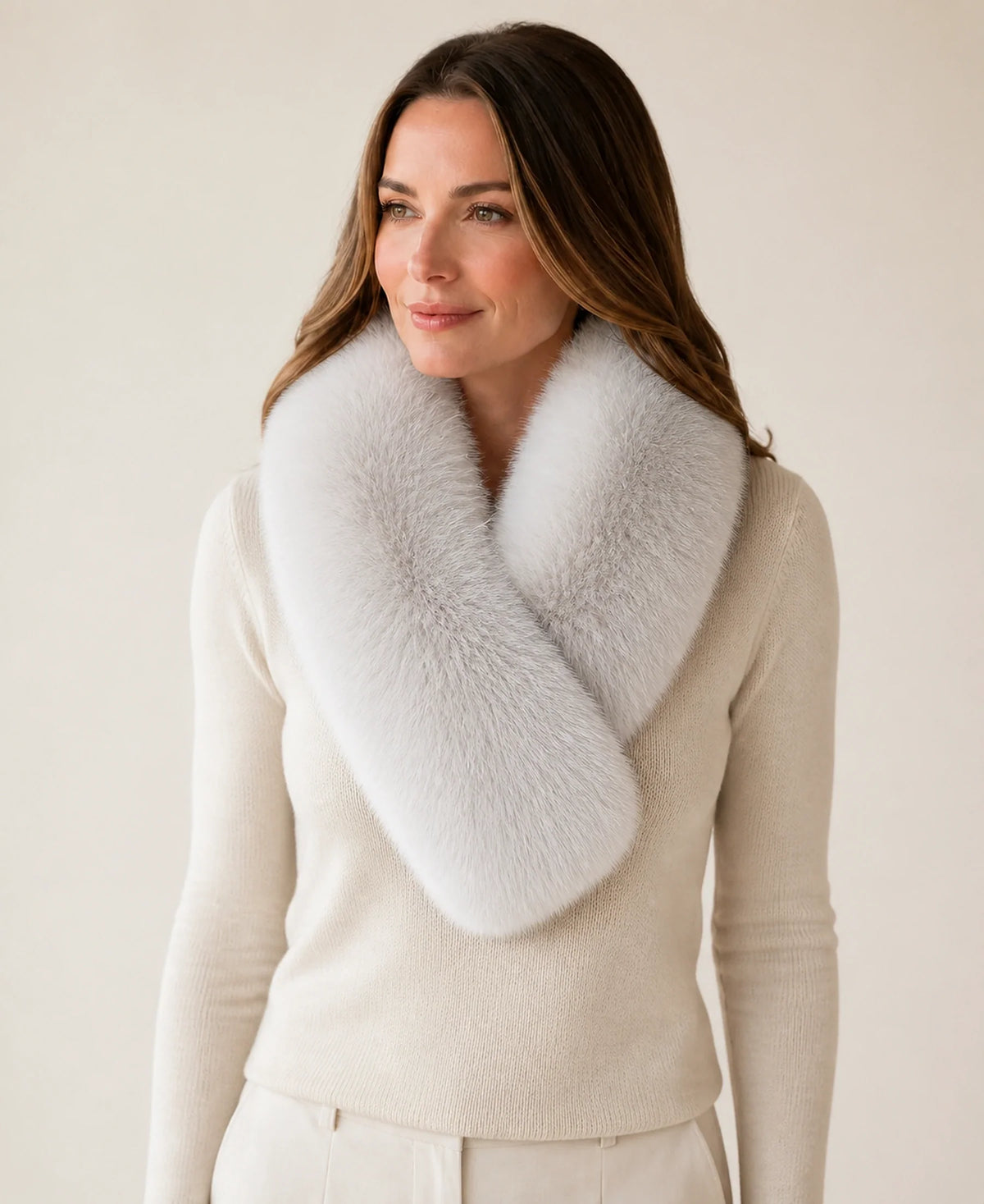 Whole-Pelt Reversible Genuine Fox & Rex Rabbit Fur Collar – Color: Light Gray on-model lifestyle image