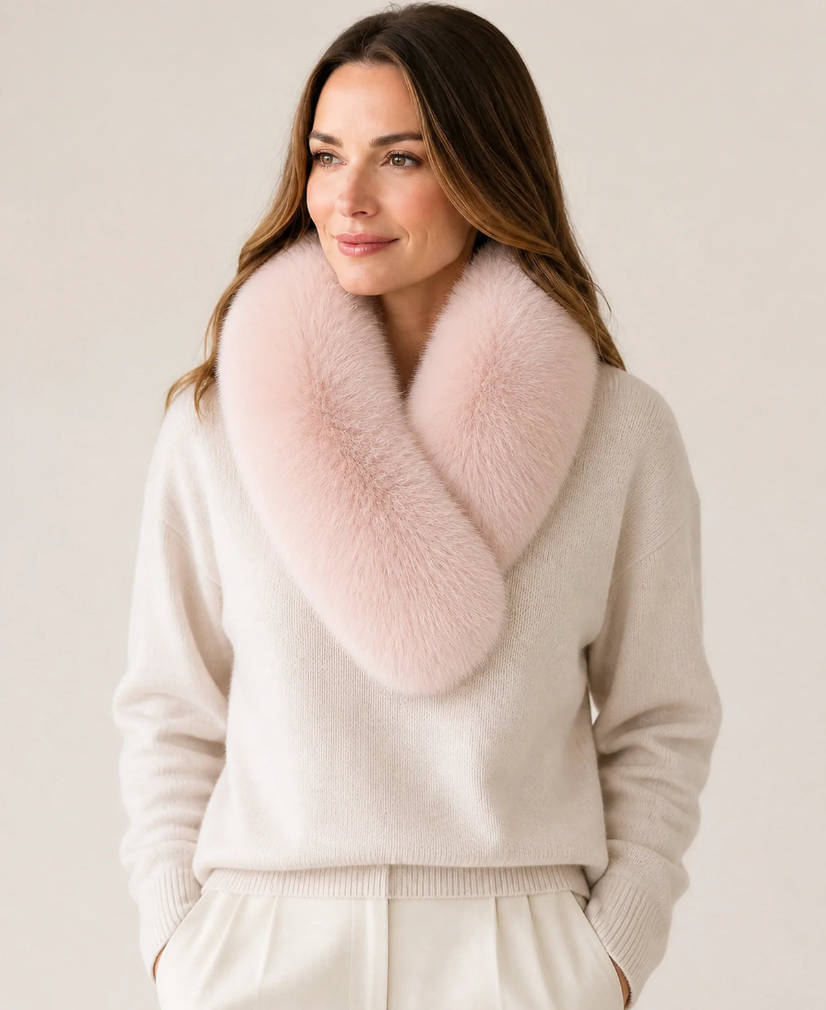 Whole-Pelt Reversible Genuine Fox & Rex Rabbit Fur Collar – Color: Lotus Pink on-model lifestyle image