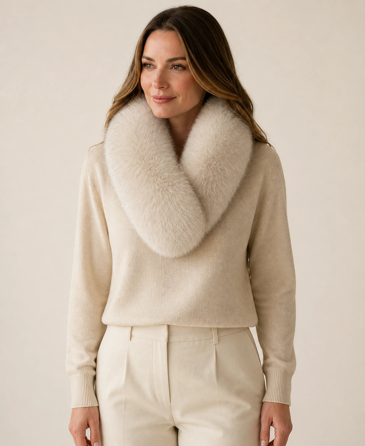 Whole-Pelt Reversible Genuine Fox & Rex Rabbit Fur Collar – Color: Milk Tea Taupe on-model lifestyle image