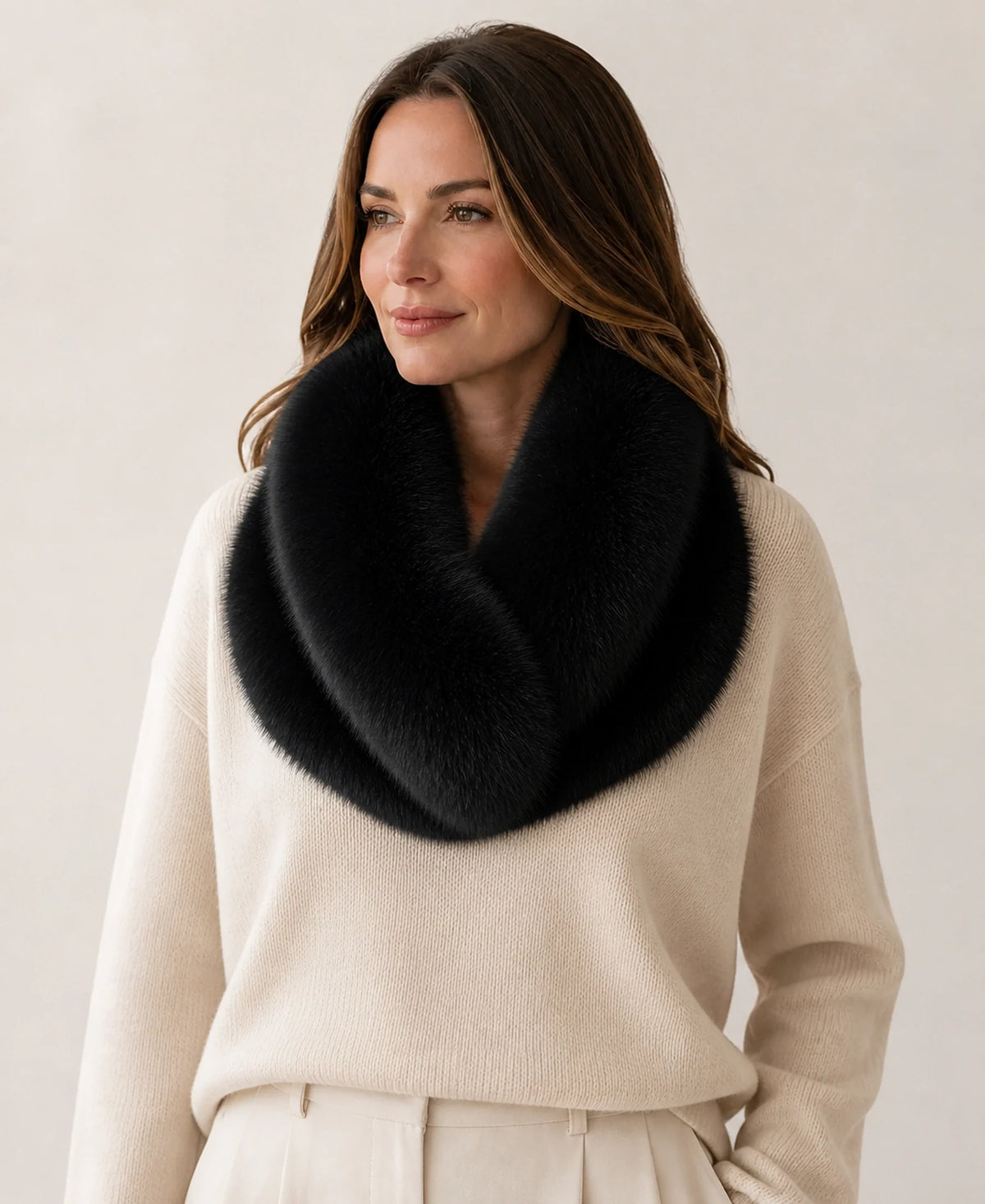 Whole-Pelt Reversible Genuine Fox & Rex Rabbit Fur Collar – Color: Natural Black on-model lifestyle image