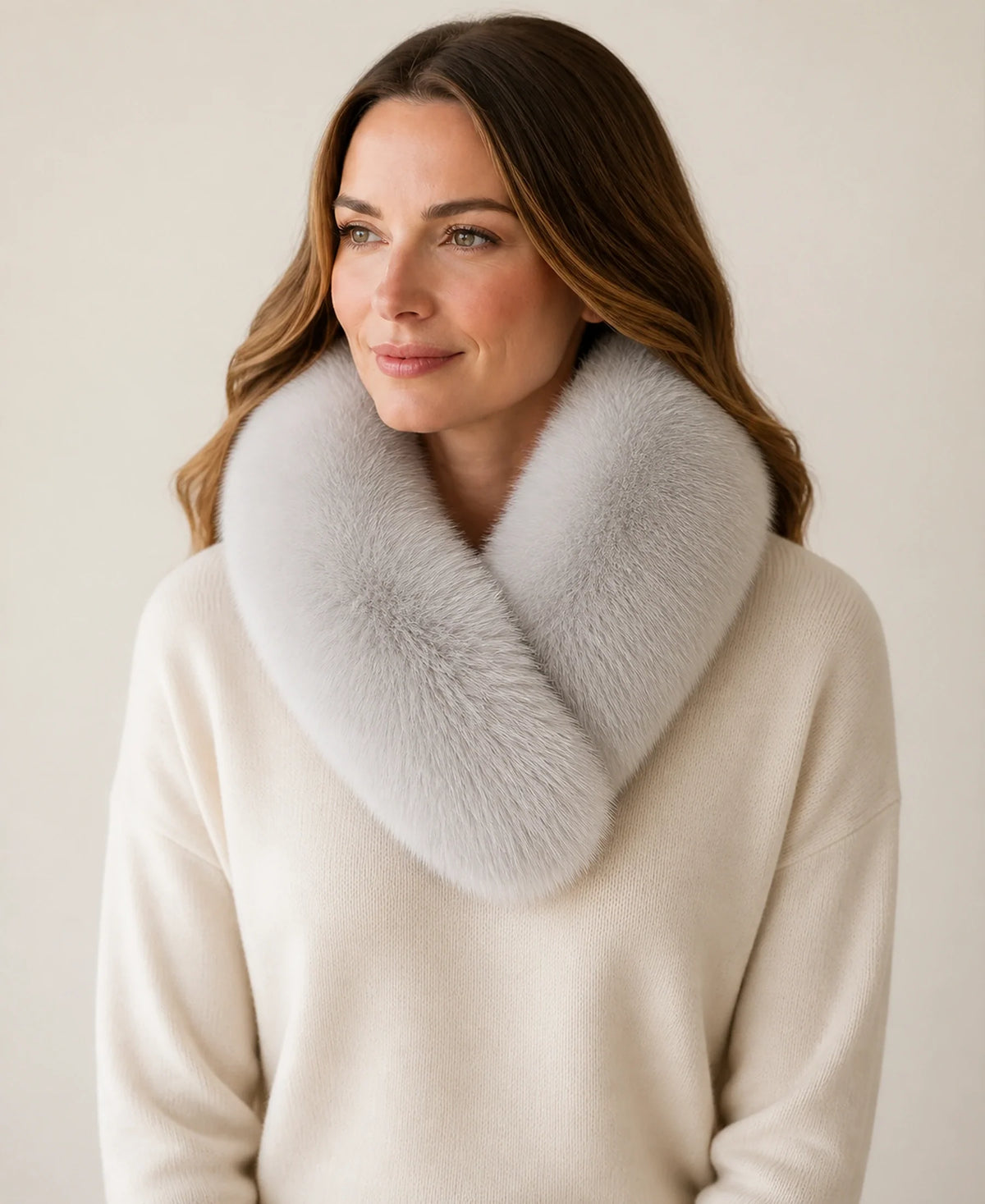 Whole-Pelt Reversible Genuine Fox & Rex Rabbit Fur Collar – Color: Silver Gray on-model lifestyle image