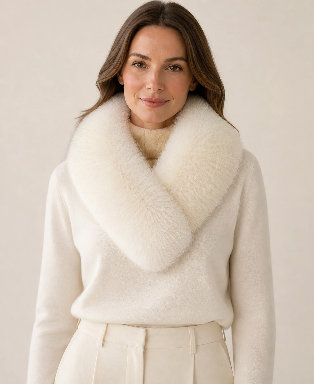Whole-Pelt Reversible Genuine Fox & Rex Rabbit Fur Collar – Color: Soft Apricot on-model lifestyle image