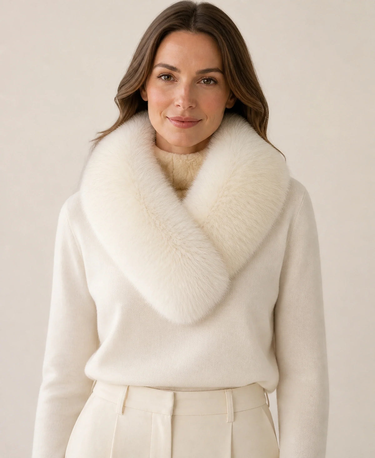 Whole-Pelt Reversible Genuine Fox & Rex Rabbit Fur Collar – Color: Soft Apricot on-model lifestyle image