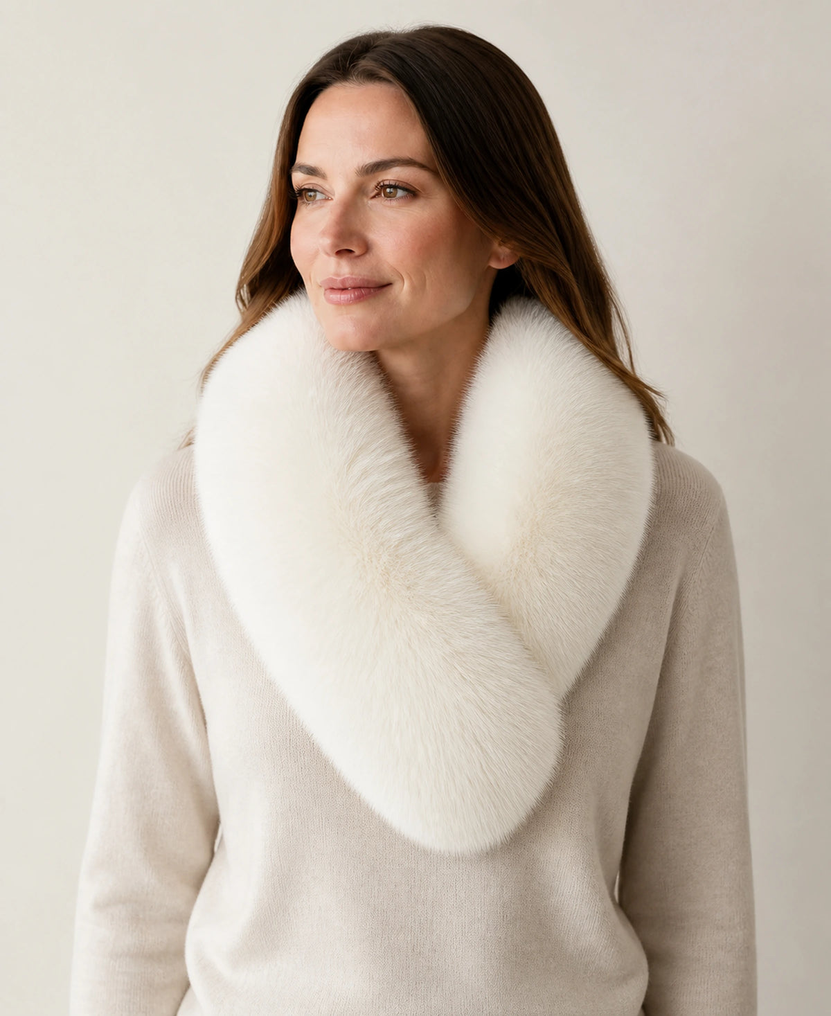 Whole-Pelt Reversible Genuine Fox & Rex Rabbit Fur Collar – Color: Warm Ivory on-model lifestyle image