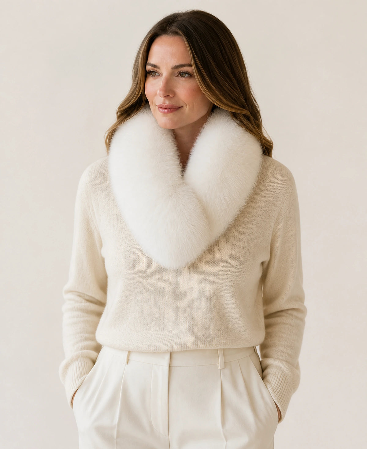 Whole-Pelt Reversible Genuine Fox & Rex Rabbit Fur Collar – Color: Winter White on-model lifestyle image