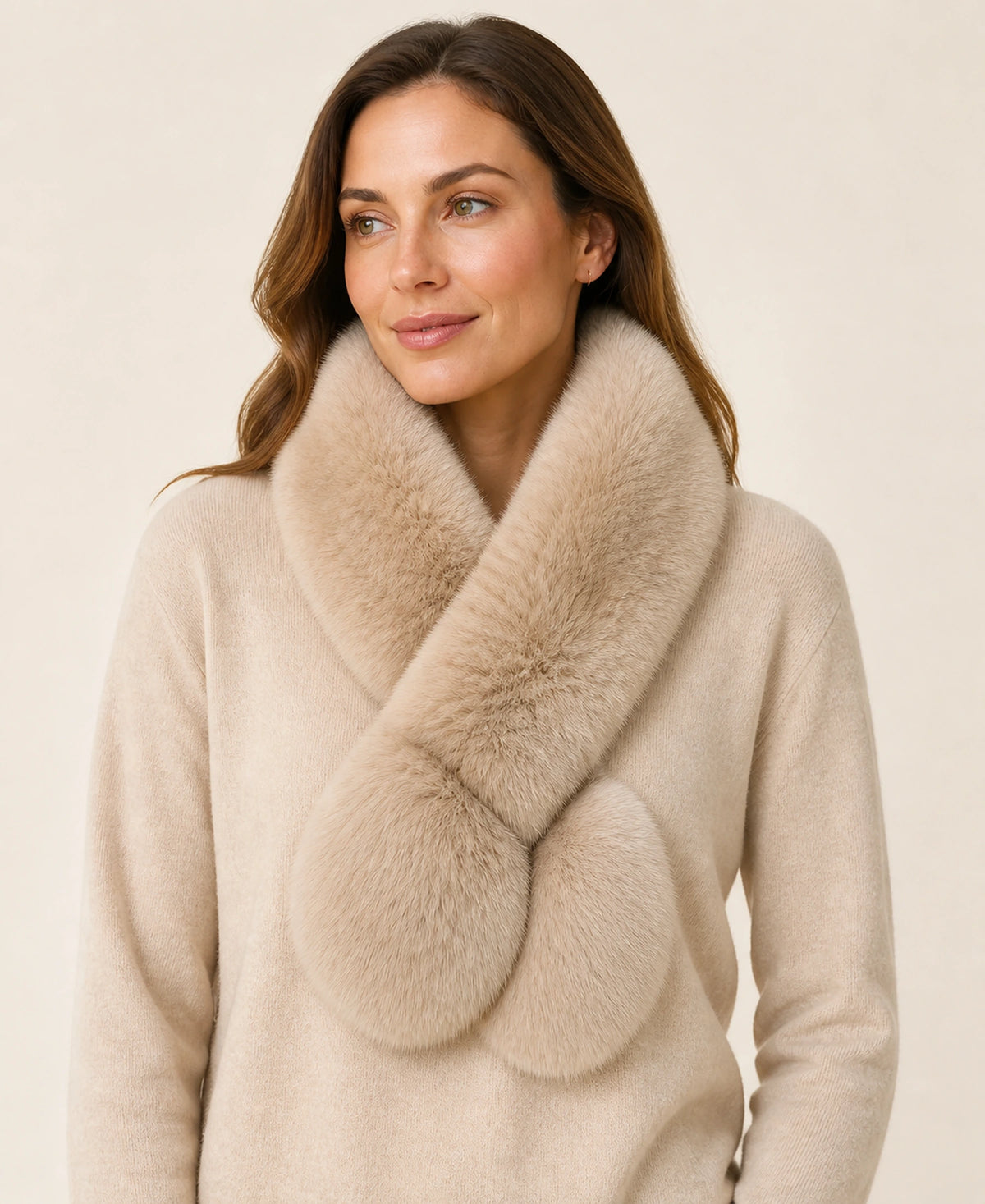 Women's Reversible Genuine Fox & Rex Rabbit Fur V-Scarf – Color: Light Taupe Two-Tone on-model lifestyle image