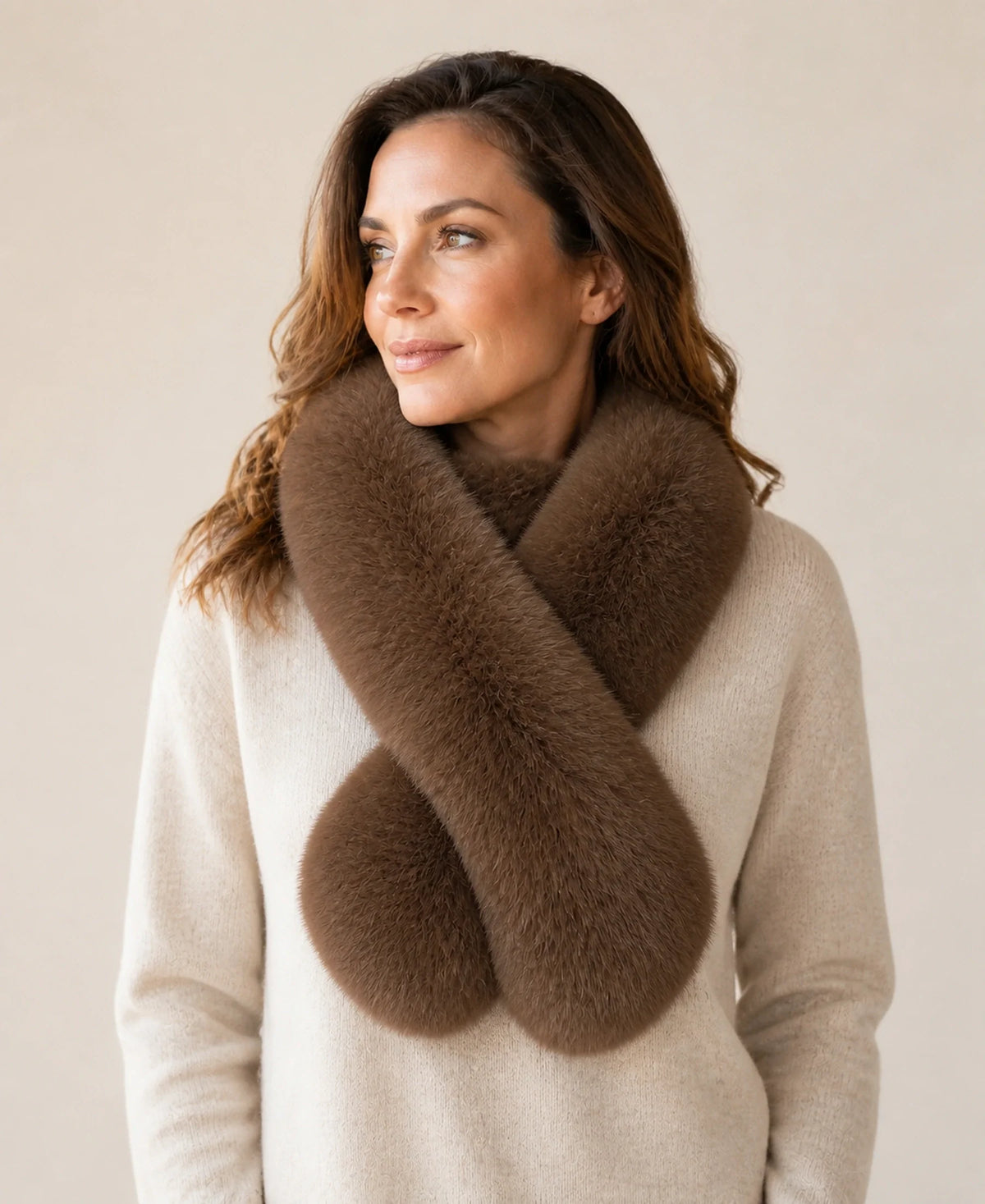 Women's Reversible Genuine Fox & Rex Rabbit Fur V-Scarf – Color: Sable Brown on-model lifestyle image