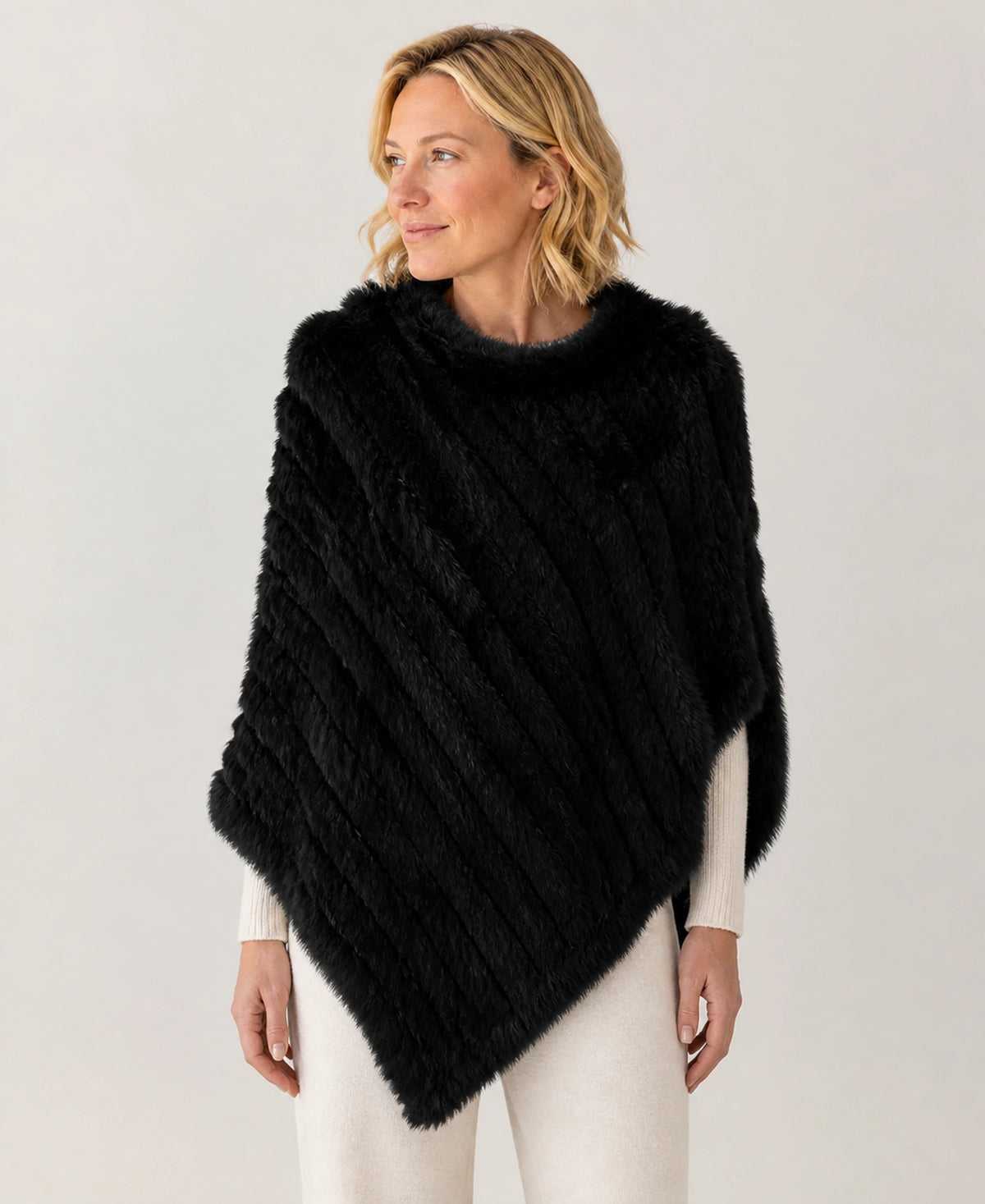 Handwoven Genuine Rabbit Fur Triangle Poncho – Collar Style: Classic Knit Collar | Color: Black on-model lifestyle image