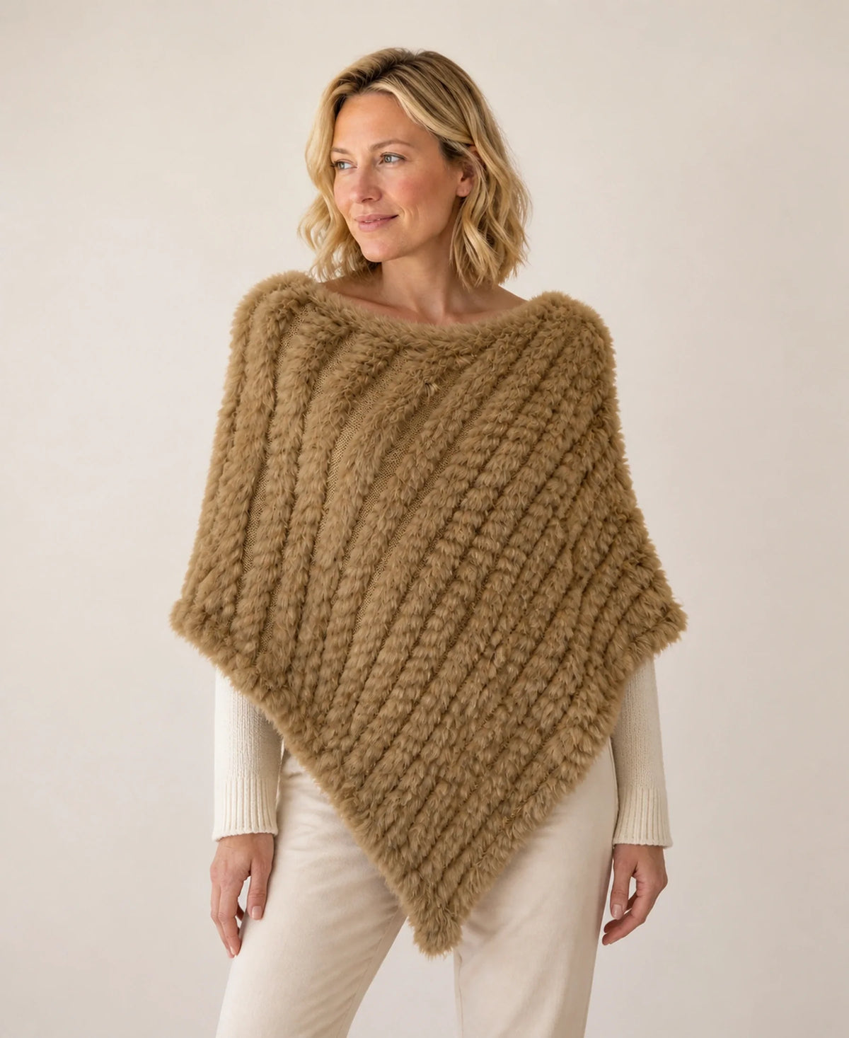 Handwoven Genuine Rabbit Fur Triangle Poncho – Collar Style: Classic Knit Collar | Color: Khaki on-model lifestyle image