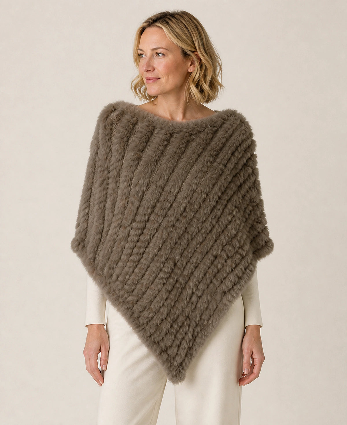 Handwoven Genuine Rabbit Fur Triangle Poncho – Collar Style: Classic Knit Collar | Color: Light Brown on-model lifestyle image