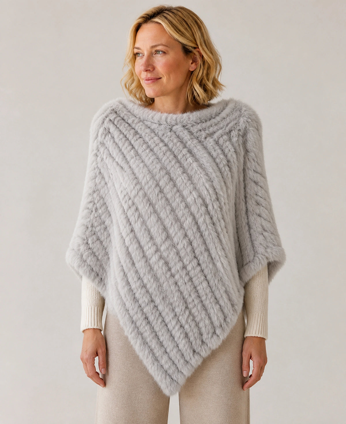 Handwoven Genuine Rabbit Fur Triangle Poncho – Collar Style: Classic Knit Collar | Color: Light Gray on-model lifestyle image