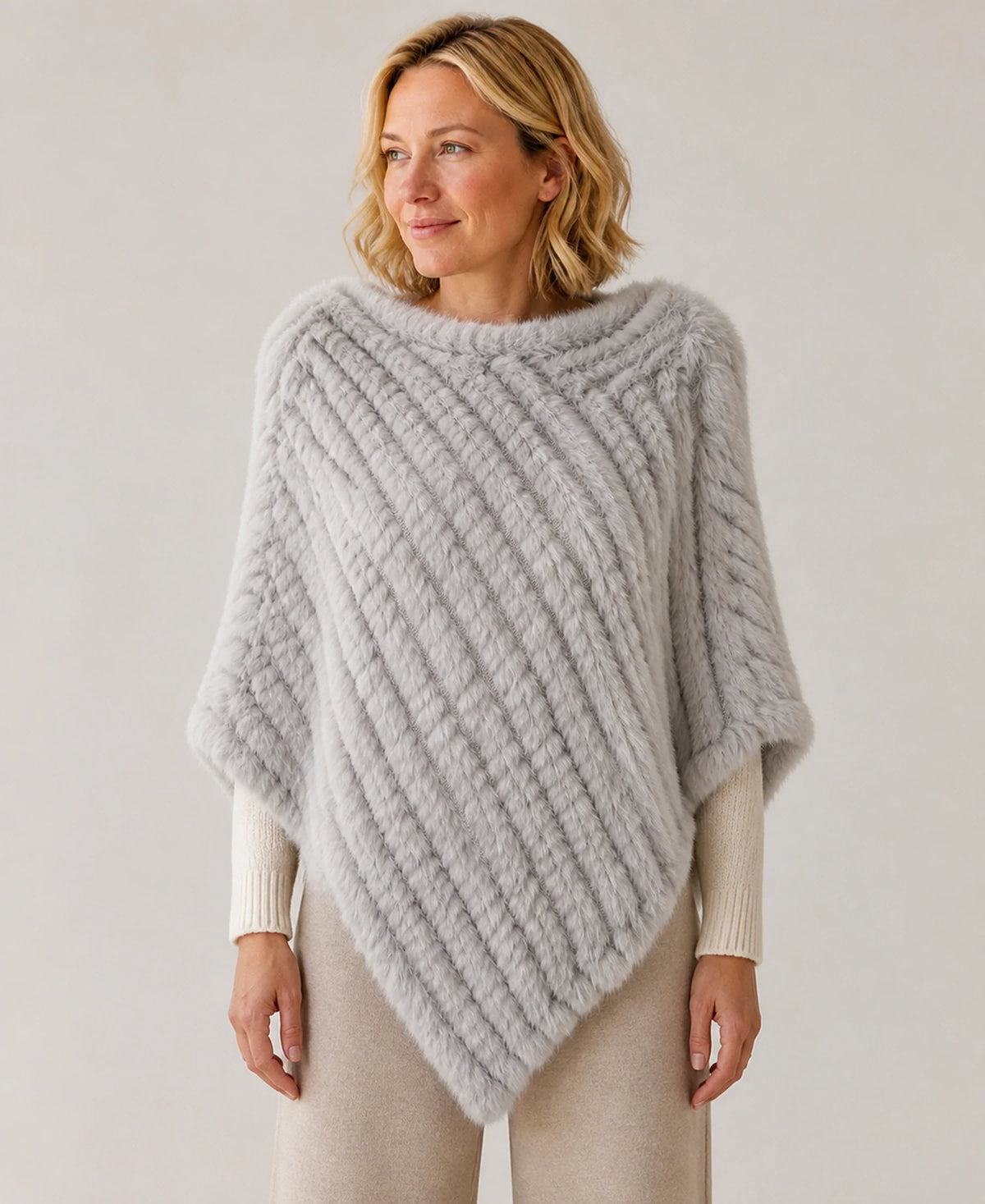 Handwoven Genuine Rabbit Fur Triangle Poncho – Collar Style: Classic Knit Collar | Color: Light Gray on-model lifestyle image